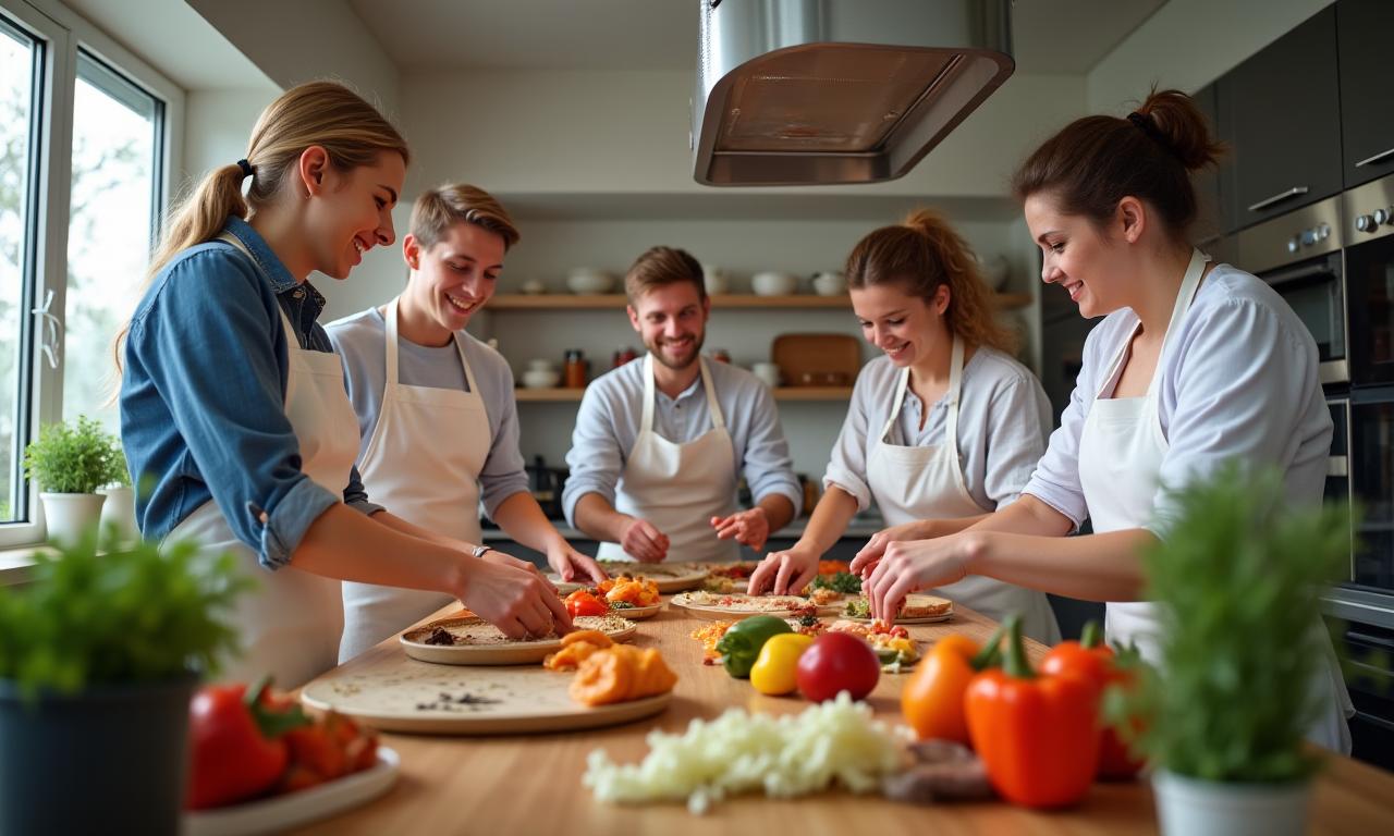 Groupe apprenant des recettes anti-gaspillage dans une cuisine d'atelier