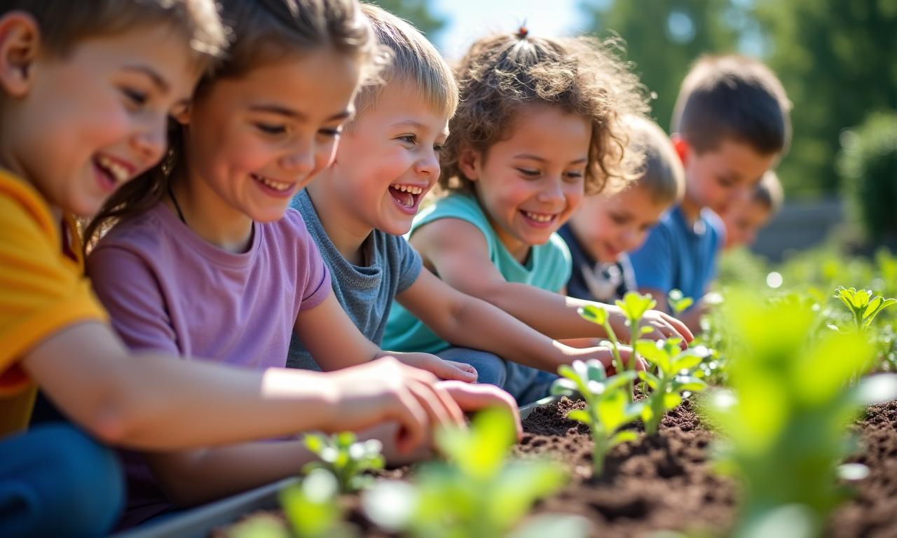 Enfants souriants participant à un atelier de jardinage éducatif