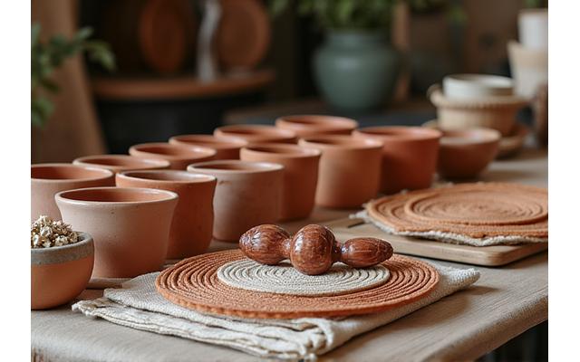 Objets d'artisanat local, poterie et textiles