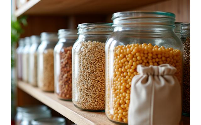 Grains et légumineuses en vrac dans des bocaux en verre